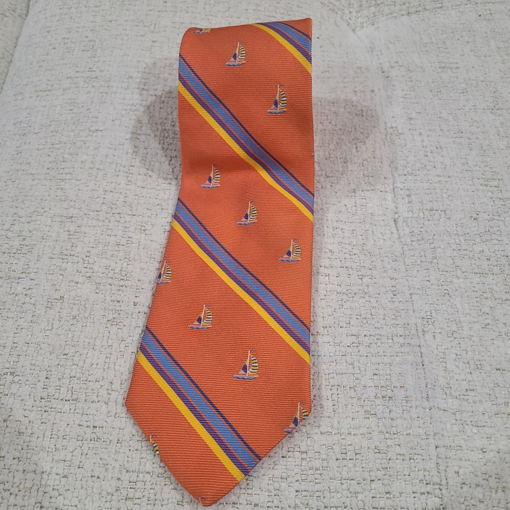 Brooks Brothers Makers Designer Mens Neck Tie Orange Sailboat Blue Stripe